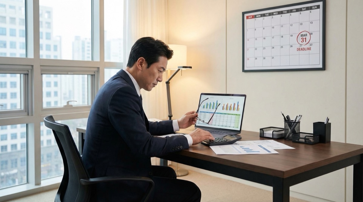 세무조정 전 가결산 점검 — 3월 법인세 신고 기한을 앞두고 재무 서류를 검토하는 모습
