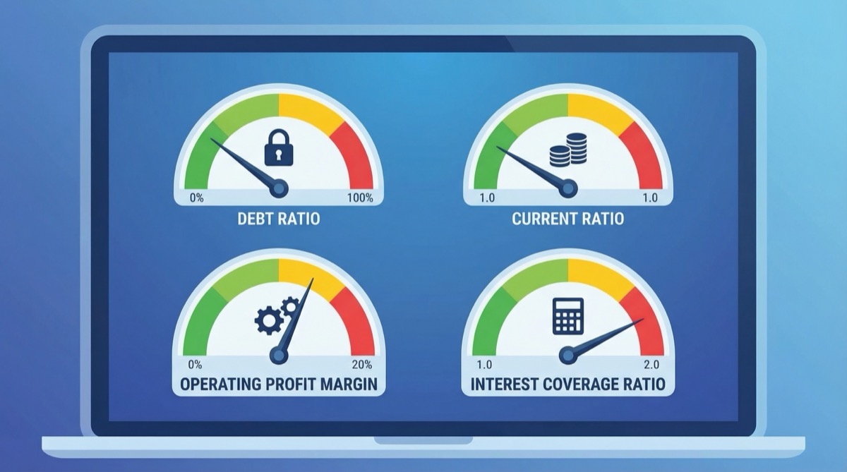 재무비율 대시보드 — 부채비율, 유동비율, 영업이익률, 이자보상비율의 건강 상태를 한눈에 보여주는 게이지