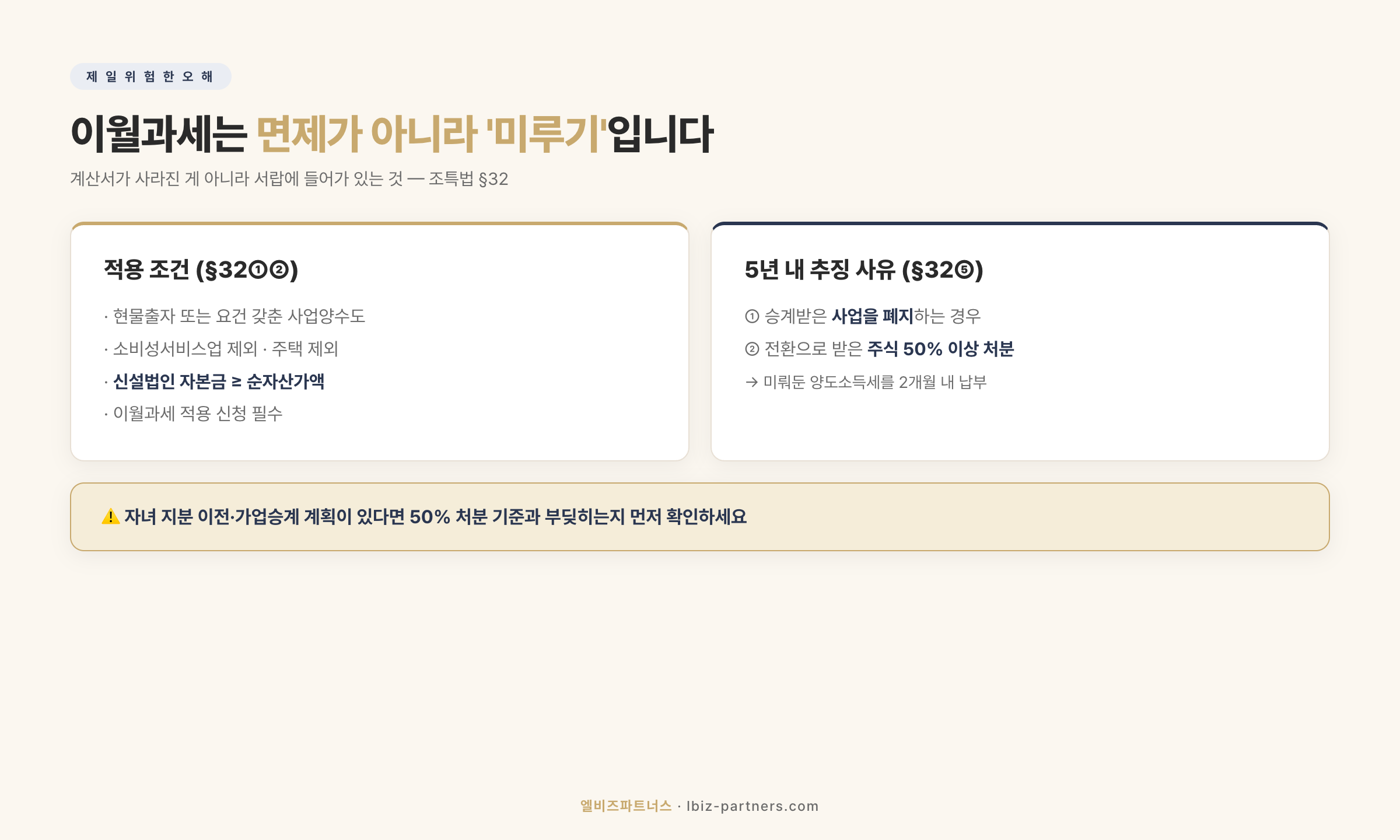 이월과세는 면제가 아니라 미루기 — 적용 조건과 5년 내 추징 사유(사업 폐지·주식 50% 처분)