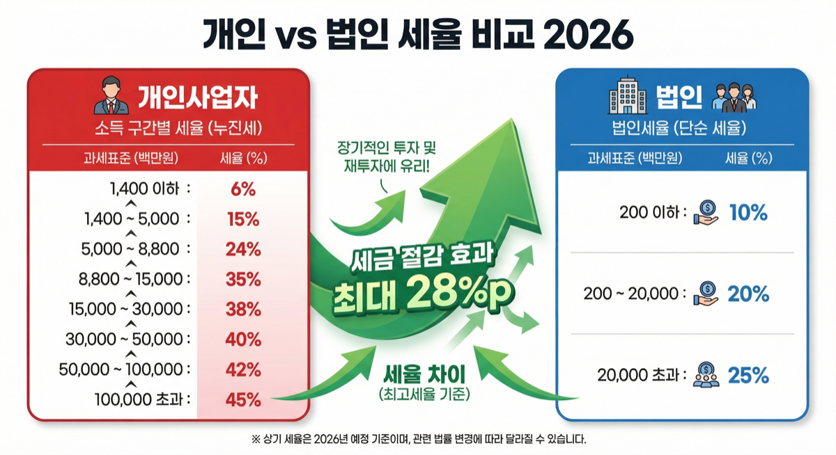 2026년 세율 비교 개인 vs 법인